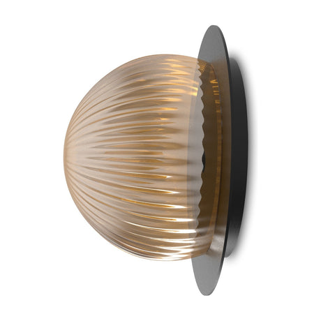Roi Disc Ribbed Fumé flush wall and ceiling light, side view showing a ribbed smoked glass dome against a black disc base, lit, on a white background.