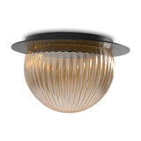 Roi Disc Ribbed Fumé Flush Wall & Ceiling Light in black, showing a black disc base with a ribbed, smoked glass dome shade illuminated against a plain white background.