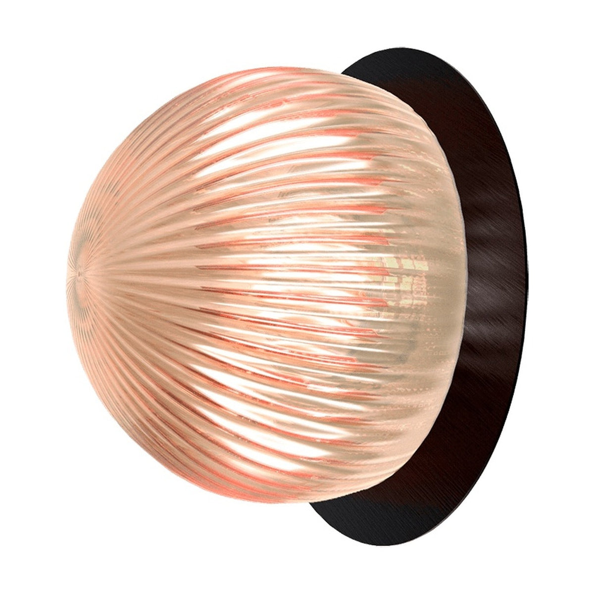 Roi Disc Ribbed Fumé Flush Wall & Ceiling Light in black, with a lit smoked ribbed glass dome set against a flat black disc backplate, on a white background.