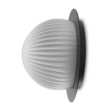 Roi Disc Ribbed Opal Flush Wall & Ceiling Light in black, side view showing a ribbed opal glass dome mounted on a flat black disc, set against a plain white background.