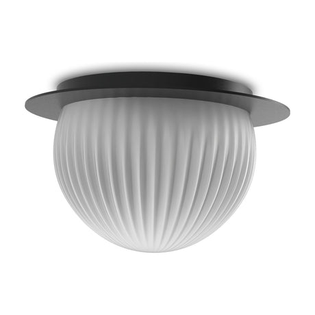 Roi Disc Ribbed Opal Flush Ceiling Light in black, showing a round black disc base with a ribbed opal white glass dome shade, on a plain white background.