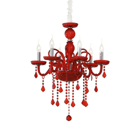 The Etherlight Crystal 6 Light Chandelier in red is embellished with decorative crystals and features six candle-like lights suspended from a chain. Its design boasts elaborate curves and dangling ornaments, effortlessly combining elegance with a luxurious contemporary charm.