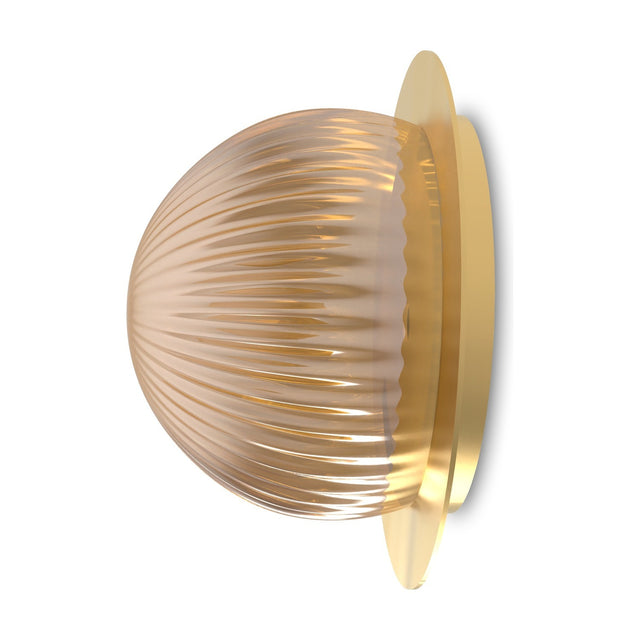 Roi Disc Ribbed Fumé flush wall and ceiling light with a ribbed smoky glass dome on a polished brass disc base, shown against a plain white background.