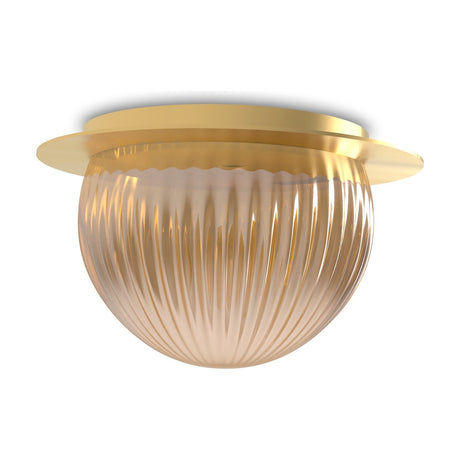 Roi Disc Ribbed Fumé Flush Wall & Ceiling Light with a ribbed smoky glass dome on a polished brass disc base, shown against a plain white background.