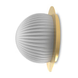 Roi Disc flush wall and ceiling light with ribbed opal glass dome on a polished brass disc, side view on a plain white background.