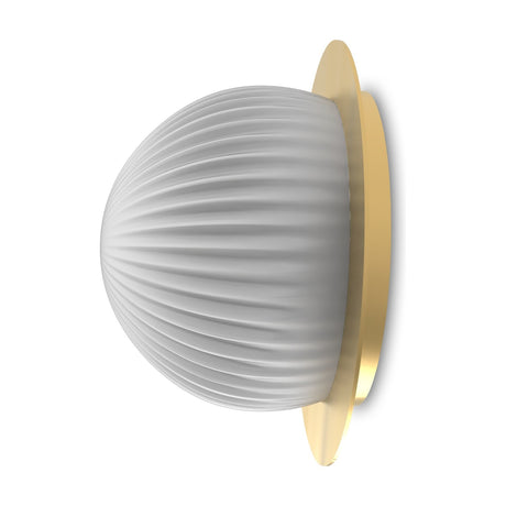 Roi Disc flush wall and ceiling light with ribbed opal glass dome on a polished brass disc, side view on a plain white background.