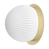 Roi Disc Ribbed Opal Flush Wall & Ceiling Light with a fluted white glass dome set on a round polished brass backplate, shown on a plain white background.