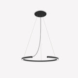 Roberta LED Ring Pendant Light in matt black aluminium, a slim open circle with a small gap, suspended by thin cables from a round ceiling canopy against a plain white background.