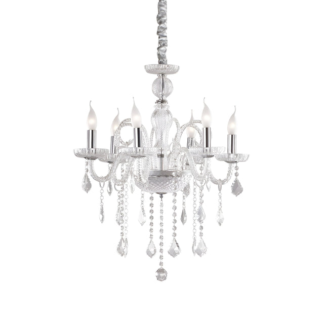 The Etherlight Crystal 6 Light Chandelier - Chrome is displayed against a simple white background, showcasing its elegant combination of six candle-like lights, intricate arms, and stunning hanging crystal pendants. Its modern design and chrome finish bring a contemporary flair to this timeless fixture.