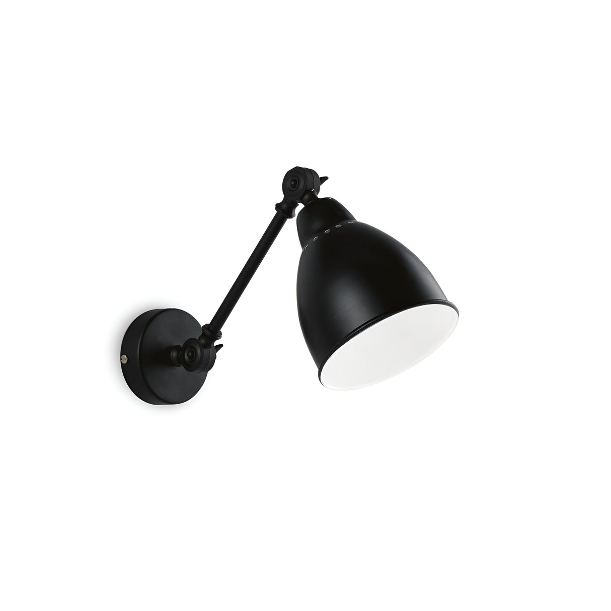 Simply Wall Light - Black: This sleek wall lamp features a black adjustable design with a round shade and swivel arm, mounted on a circular base. Ideal for modern interiors, it is showcased against a plain white background.