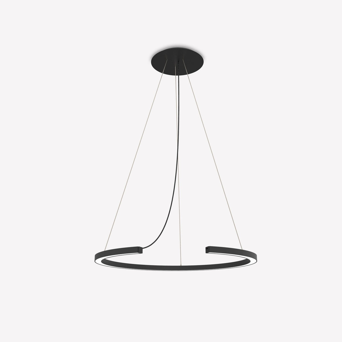 Roberta LED DALI dimmable ring pendant light in matt black aluminium, open circular band design on fine cables with round ceiling canopy, shown against a plain white background.