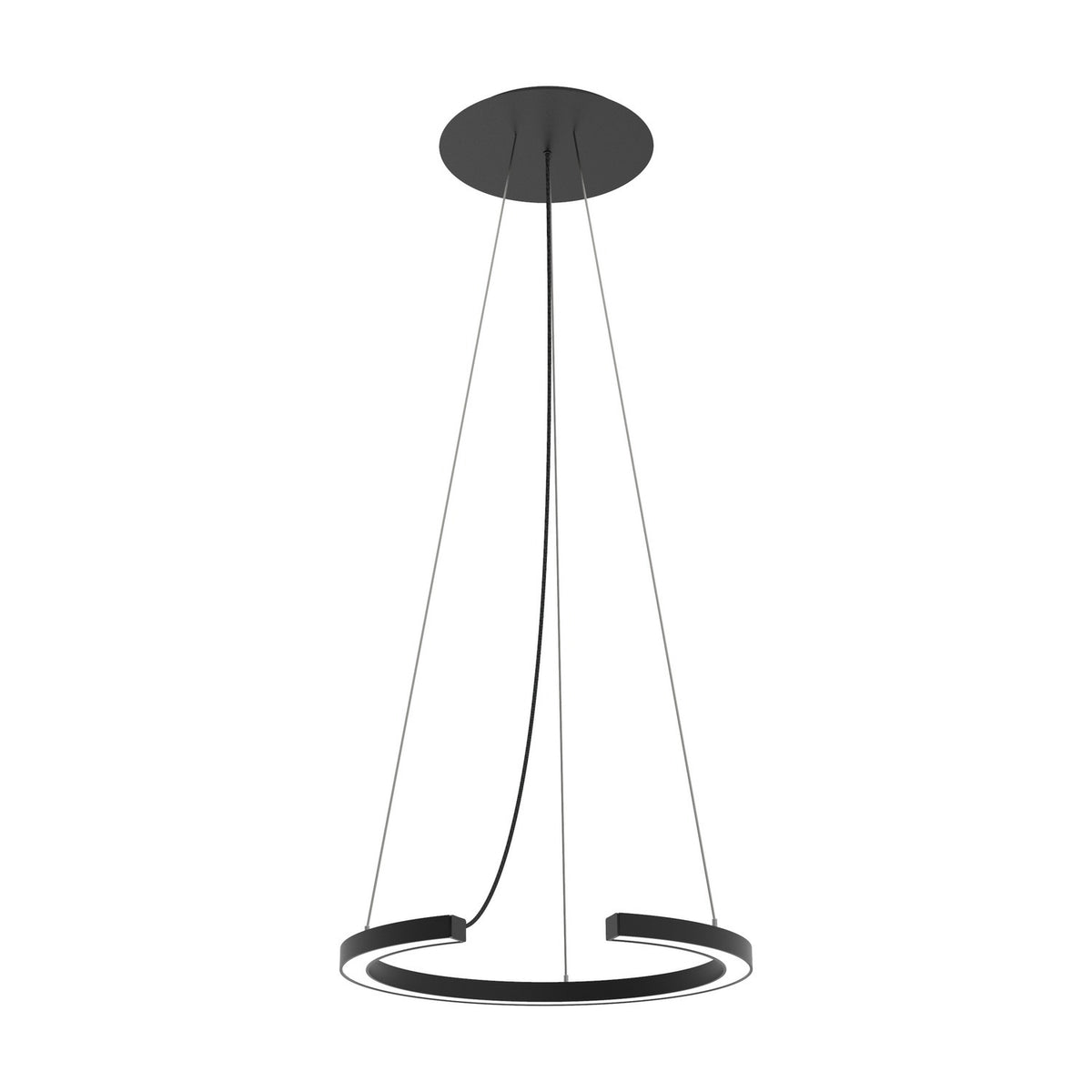 Roberta LED DALI dimmable ring pendant light in matt black aluminium, featuring an open circular ring suspended by thin cables from a round ceiling canopy, shown on a plain white background.
