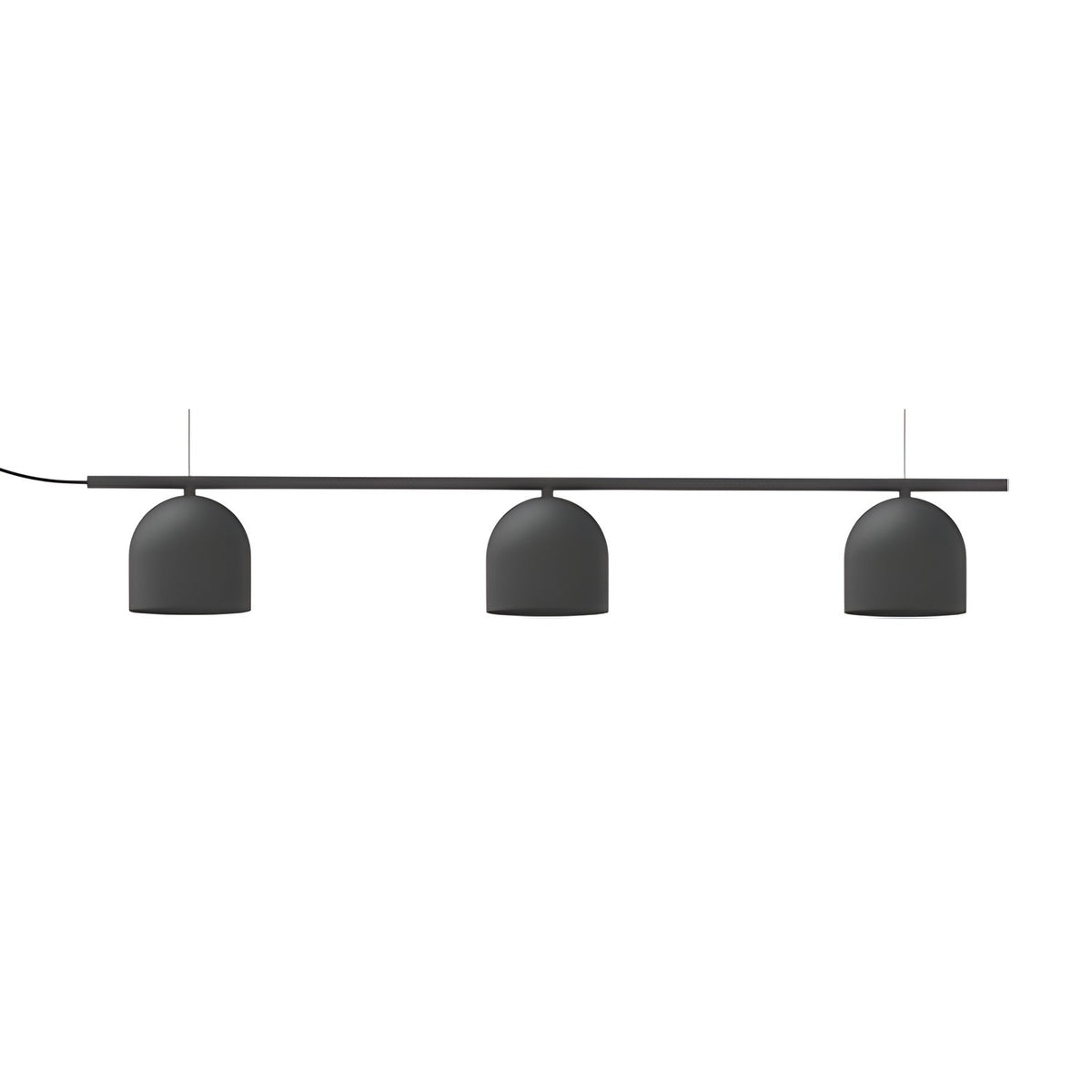 Rio Linear 3 Light Dome Chandelier in matt black iron, three dome shades suspended beneath a slim horizontal bar on fine wires, shown on a plain white background.