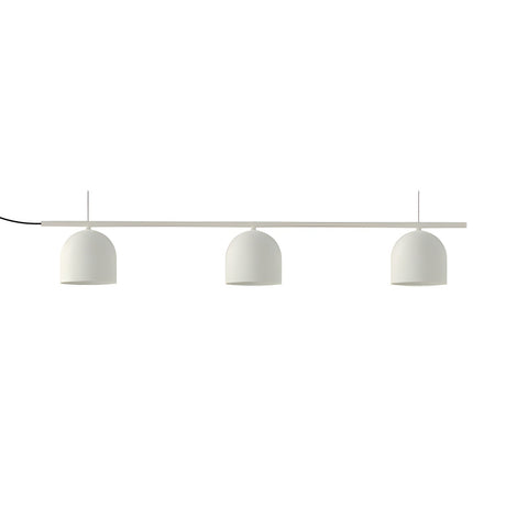 Rio Linear 3 Light Dome Chandelier in matt white, three rounded iron dome shades suspended beneath a long straight bar on thin wires, shown on a plain white background.