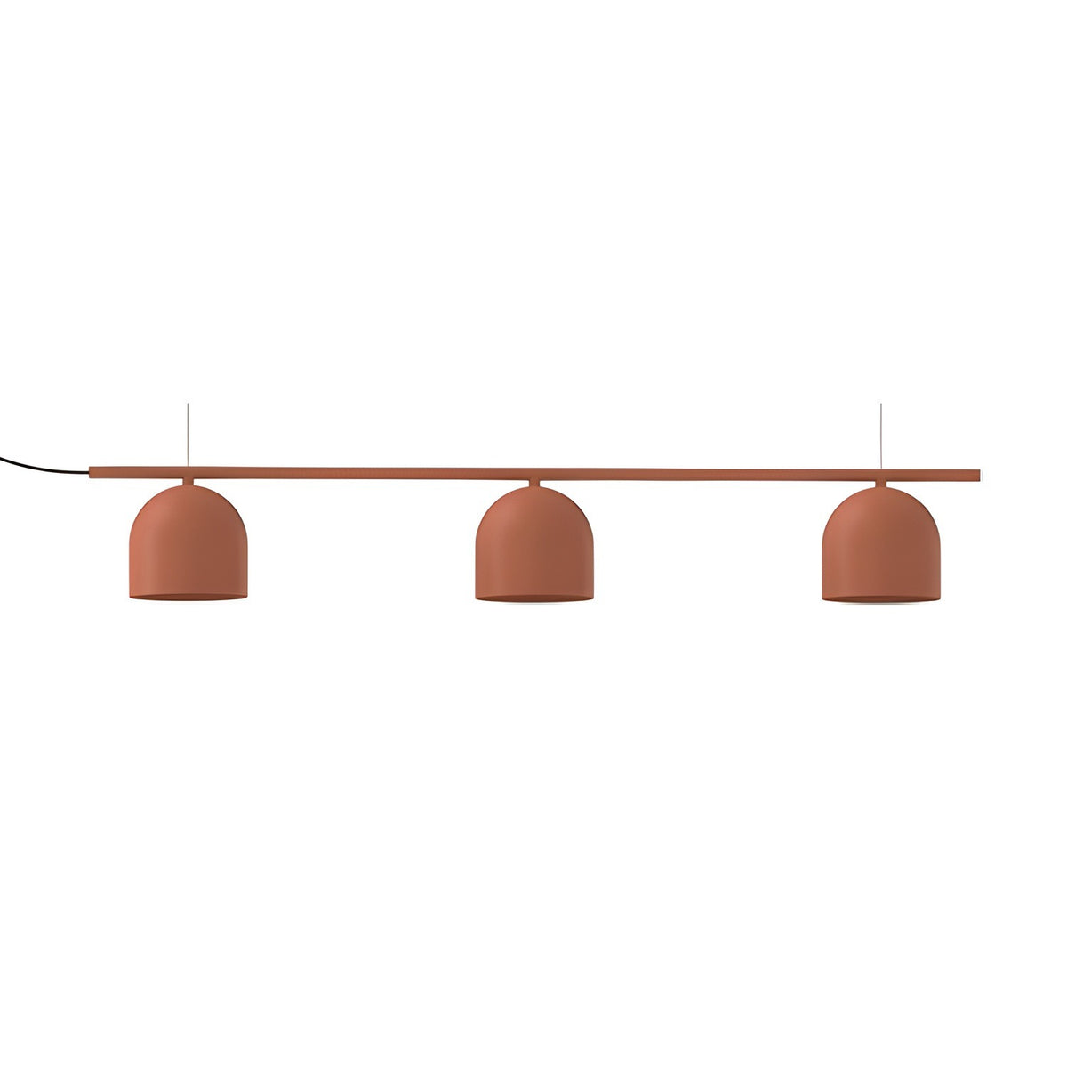 Rio Linear 3 Light Dome Chandelier in red, a straight iron bar with three rounded dome shades hanging evenly beneath it, shown on a plain white background.