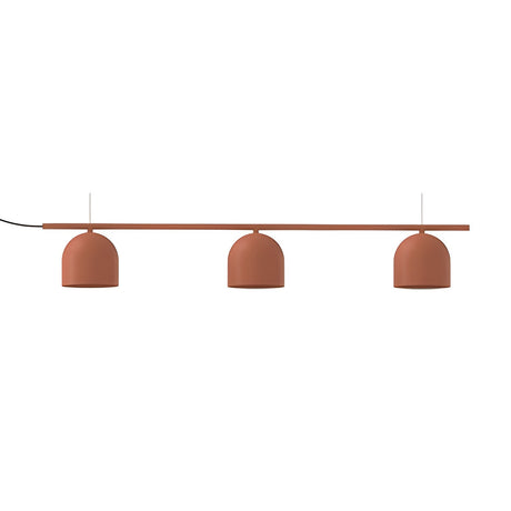 Rio Linear 3 Light Dome Chandelier in red, a straight iron bar with three rounded dome shades hanging evenly beneath it, shown on a plain white background.