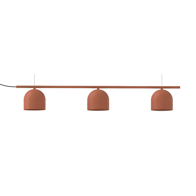 Rio Linear 3 Light Dome Chandelier in red, a straight iron bar with three rounded dome shades hanging evenly beneath it, shown on a plain white background.
