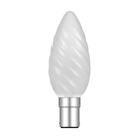 Candle B15D LED bulb with twisted, frosted glass and a bayonet base, shown upright on a plain white background.