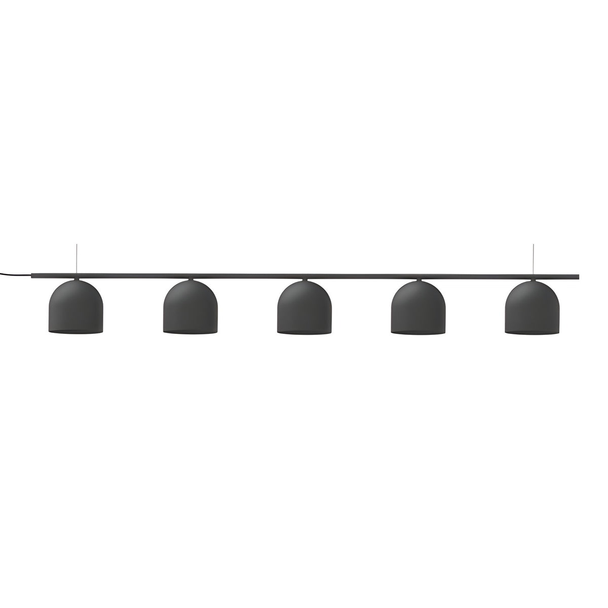 Rio Linear 5 Light Dome Chandelier in matt black iron, five small dome shades suspended at varying heights beneath a slim horizontal bar, shown on a plain white background.