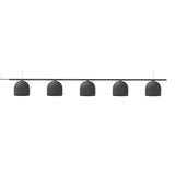 Rio Linear 5 Light Dome Chandelier in matt black iron, five small dome shades suspended at varying heights beneath a slim horizontal bar, shown on a plain white background.