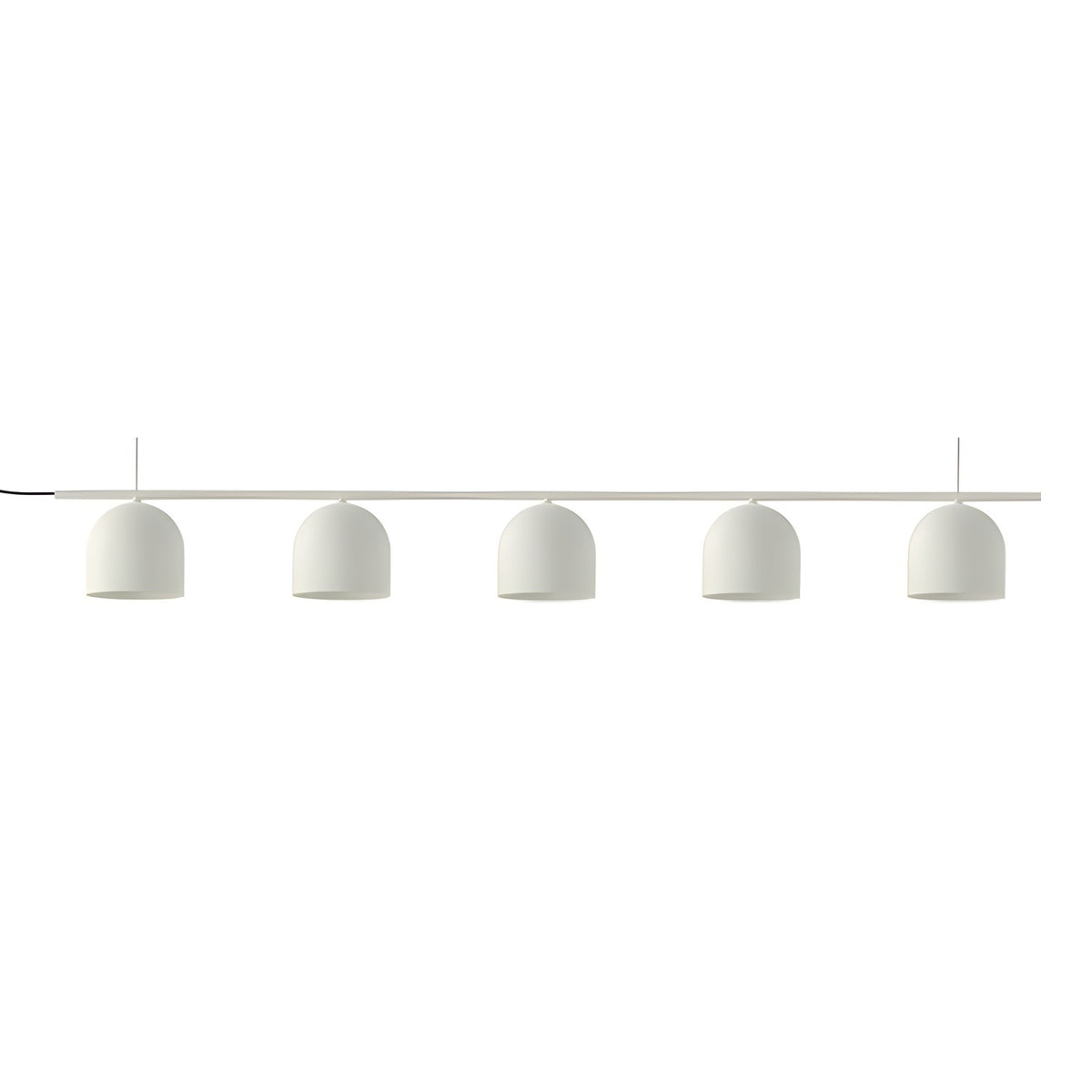 Rio Linear 5 Light Dome Chandelier in matt white, five dome shades suspended from a slim horizontal iron bar, GX53 fittings, shown on a plain white background.