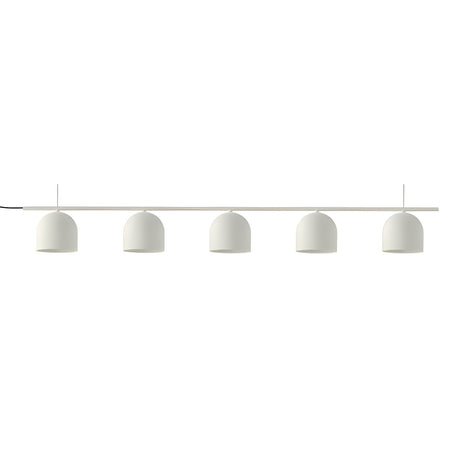 Rio Linear 5 Light Dome Chandelier in matt white, five dome shades suspended from a slim horizontal iron bar, GX53 fittings, shown on a plain white background.