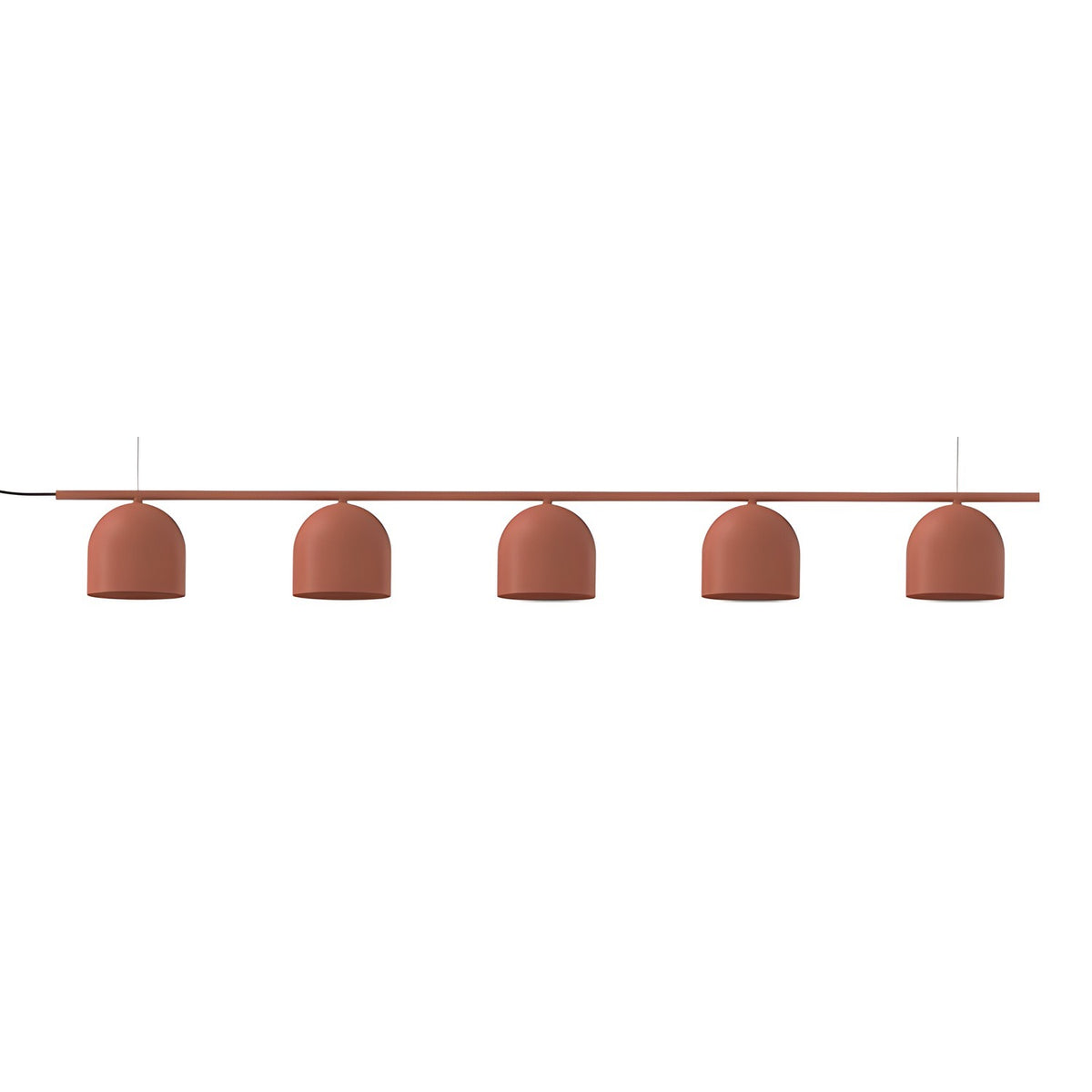 Rio Linear 5 Light Dome Chandelier in red, five dome shades in an even row along a slim horizontal bar, iron finish, on a plain white background.