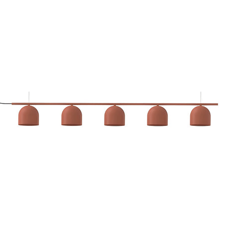 Rio Linear 5 Light Dome Chandelier in red, five dome shades in an even row along a slim horizontal bar, iron finish, on a plain white background.