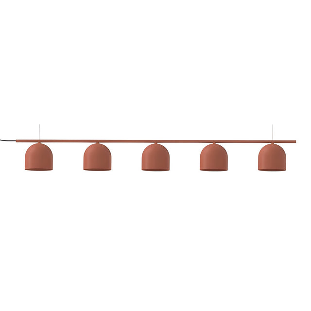 Rio Linear 5 Light Dome Chandelier in red, five dome shades in an even row along a slim horizontal bar, iron finish, on a plain white background.