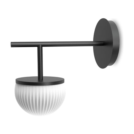 Roi Single Arm Wall Light in black with a round backplate, slim horizontal arm, and ribbed opal white glass dome shade, shown on a plain white background.