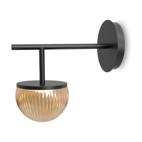Roi single arm wall light in black with a straight arm and round backplate, holding a ribbed, fumé glass dome shade lit from within, shown on a plain white background.