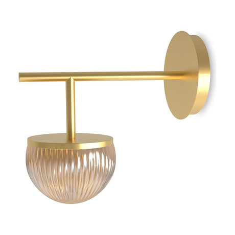 Roi single arm wall light in gold finish with round backplate, straight arm, and ribbed fumé glass dome shade, shown on a plain white background.