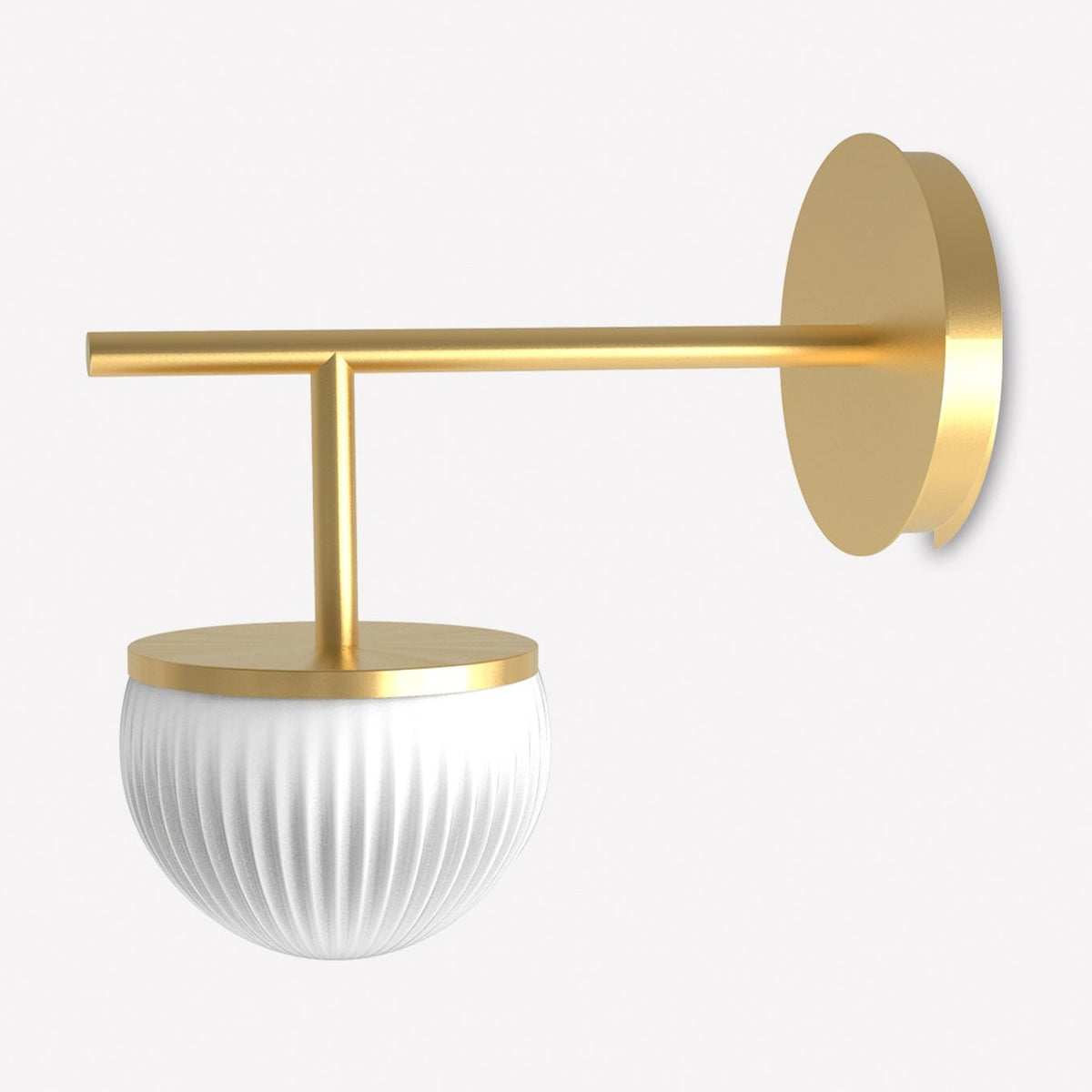 Roi Single Arm Ribbed Opal Glass Dome Wall Light in gold, with a round backplate, straight arm, and white ribbed glass half-dome shade, shown on a plain white background.