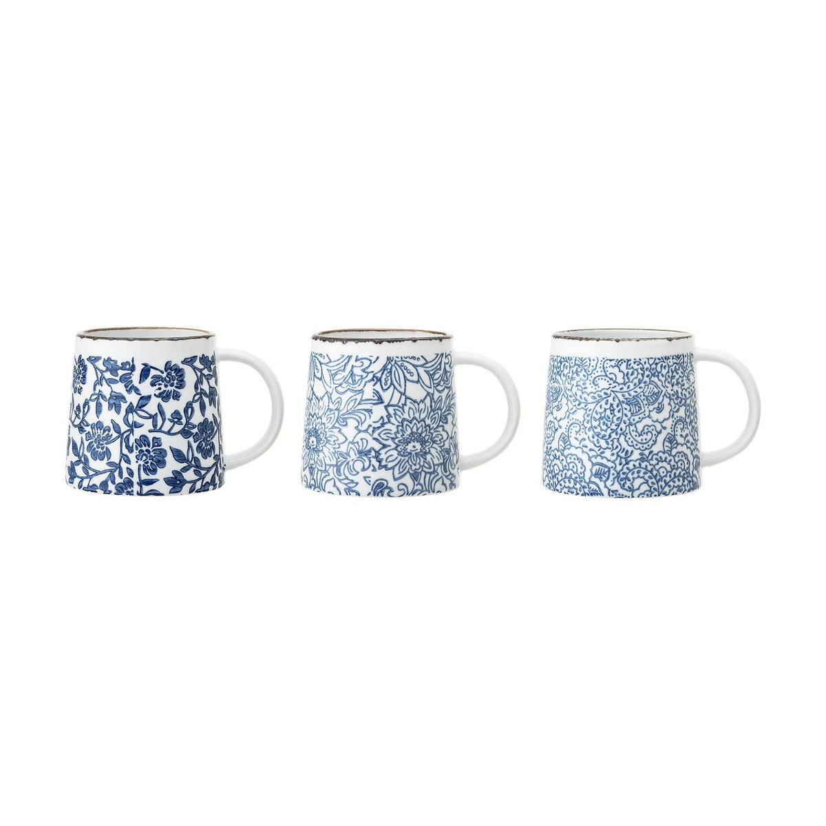 Set of three stoneware mugs, 400ml, each with a distinct blue floral pattern on white ceramic and a dark speckled rim, shown on a plain white background.