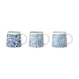 Set of three stoneware mugs, 400ml, each with a distinct blue floral pattern on white ceramic and a dark speckled rim, shown on a plain white background.