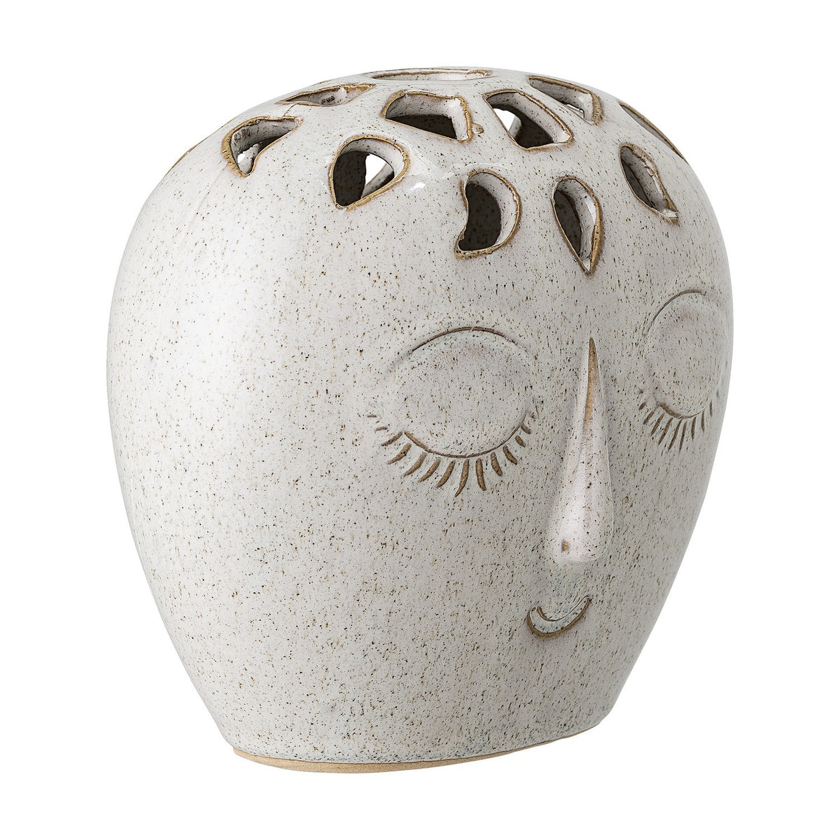 Elissa Stoneware Vase 14.5cm in white, a face-shaped ceramic vase with closed eyes, raised nose, subtle smile, and petal-cut openings across the crown, shown on a plain background.