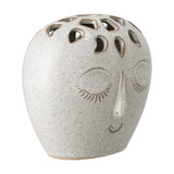 Elissa Stoneware Vase 14.5cm in white, a face-shaped ceramic vase with closed eyes, raised nose, subtle smile, and petal-cut openings across the crown, shown on a plain background.