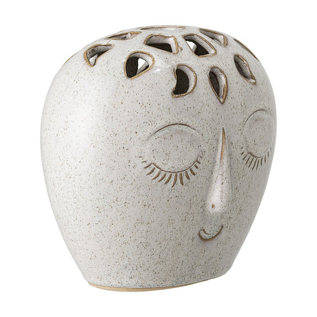 Elissa Stoneware Vase 14.5cm in white, a face-shaped ceramic vase with closed eyes, raised nose, subtle smile, and petal-cut openings across the crown, shown on a plain background.