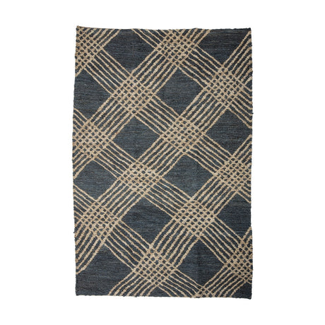 Flat woven Cat Jute Rug, 245x150cm, in deep blue with a diagonal lattice of pale jute stripes forming chequered crossings and broad diamond shapes, shown on a plain white background.