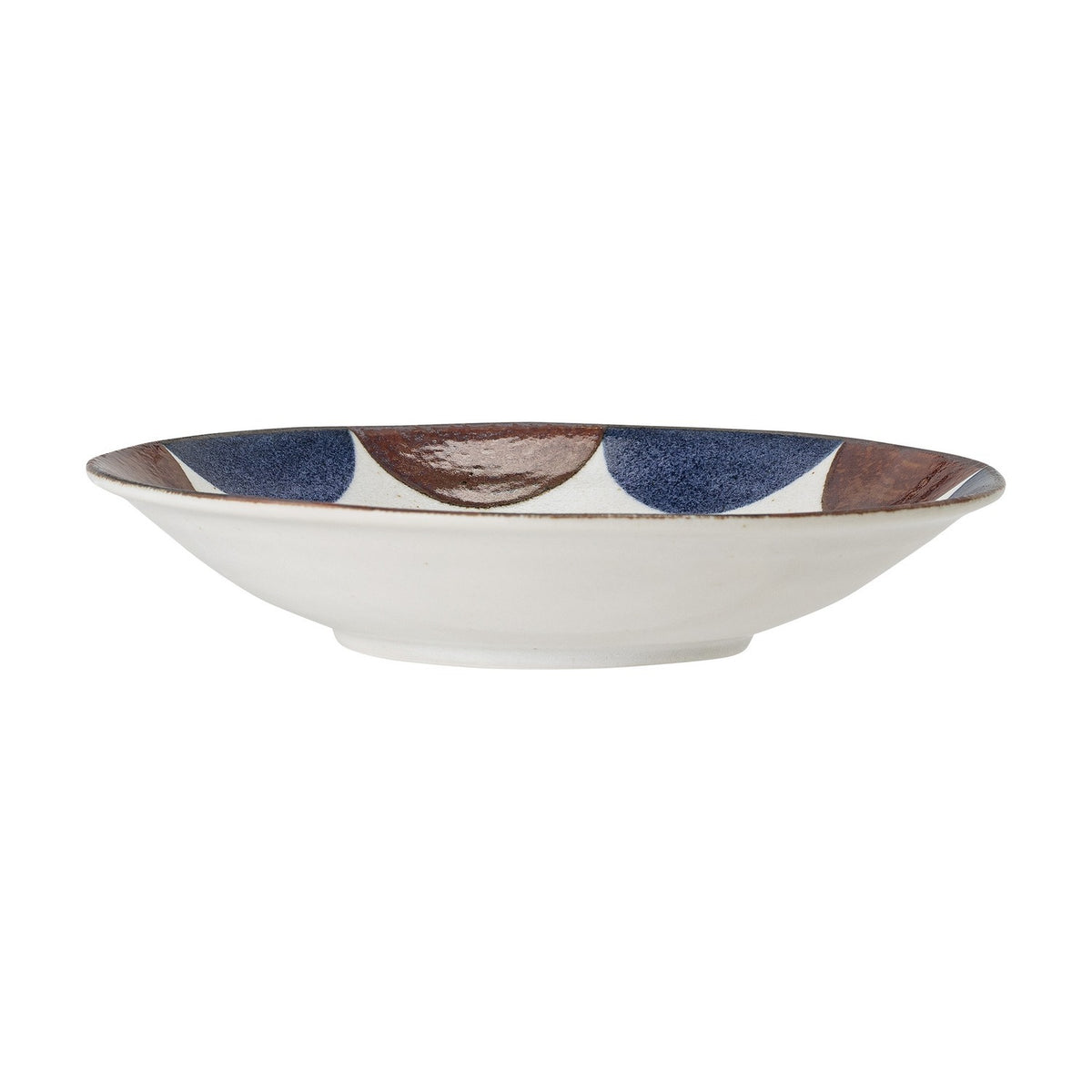 Camellia Porcelain Deep Plate in white with a rustic blue and brown semicircle pattern around the rim, shown side-on against a plain white background.
