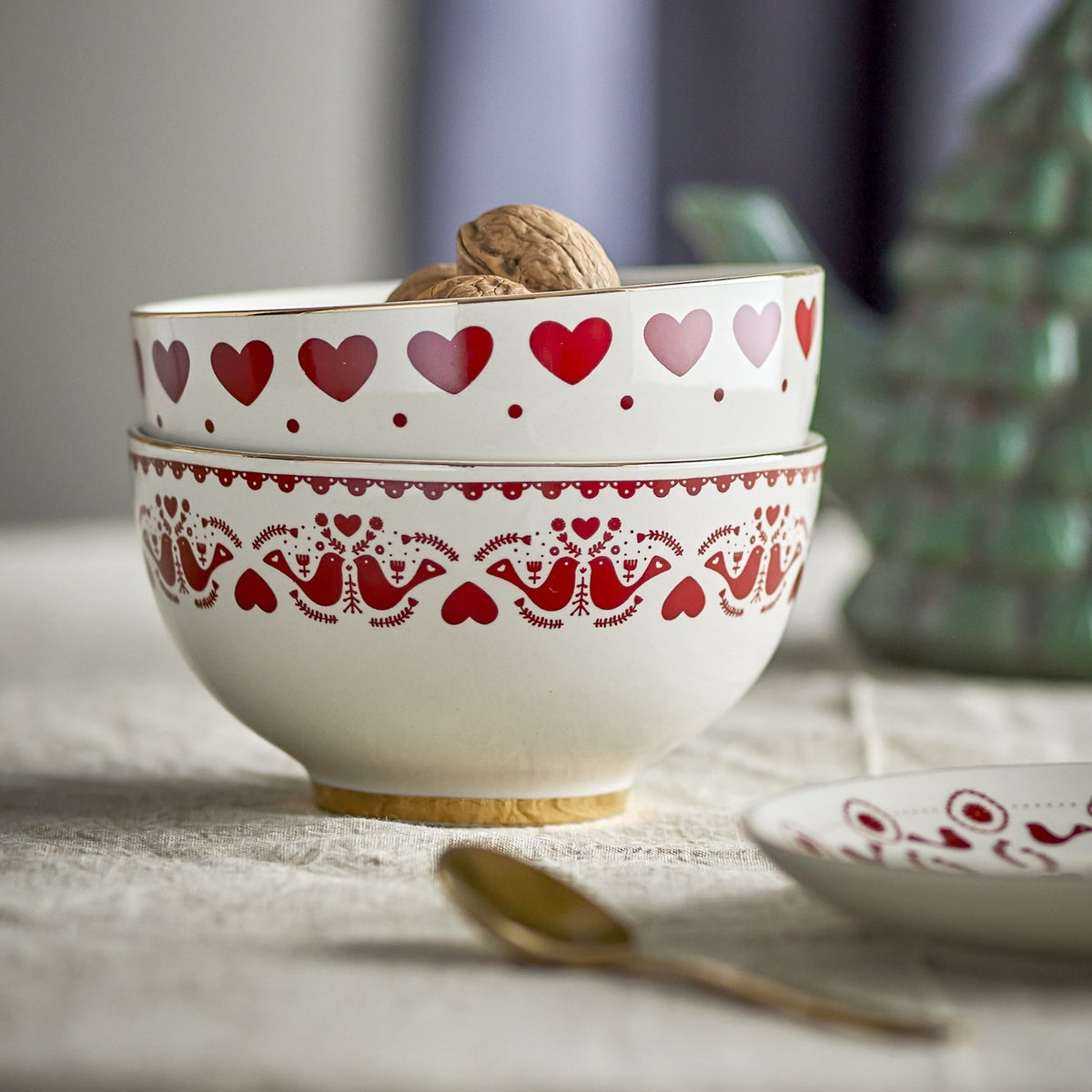 Jolly Heart Stoneware Christmas Bowls 14cm Set of 2 - Cream
