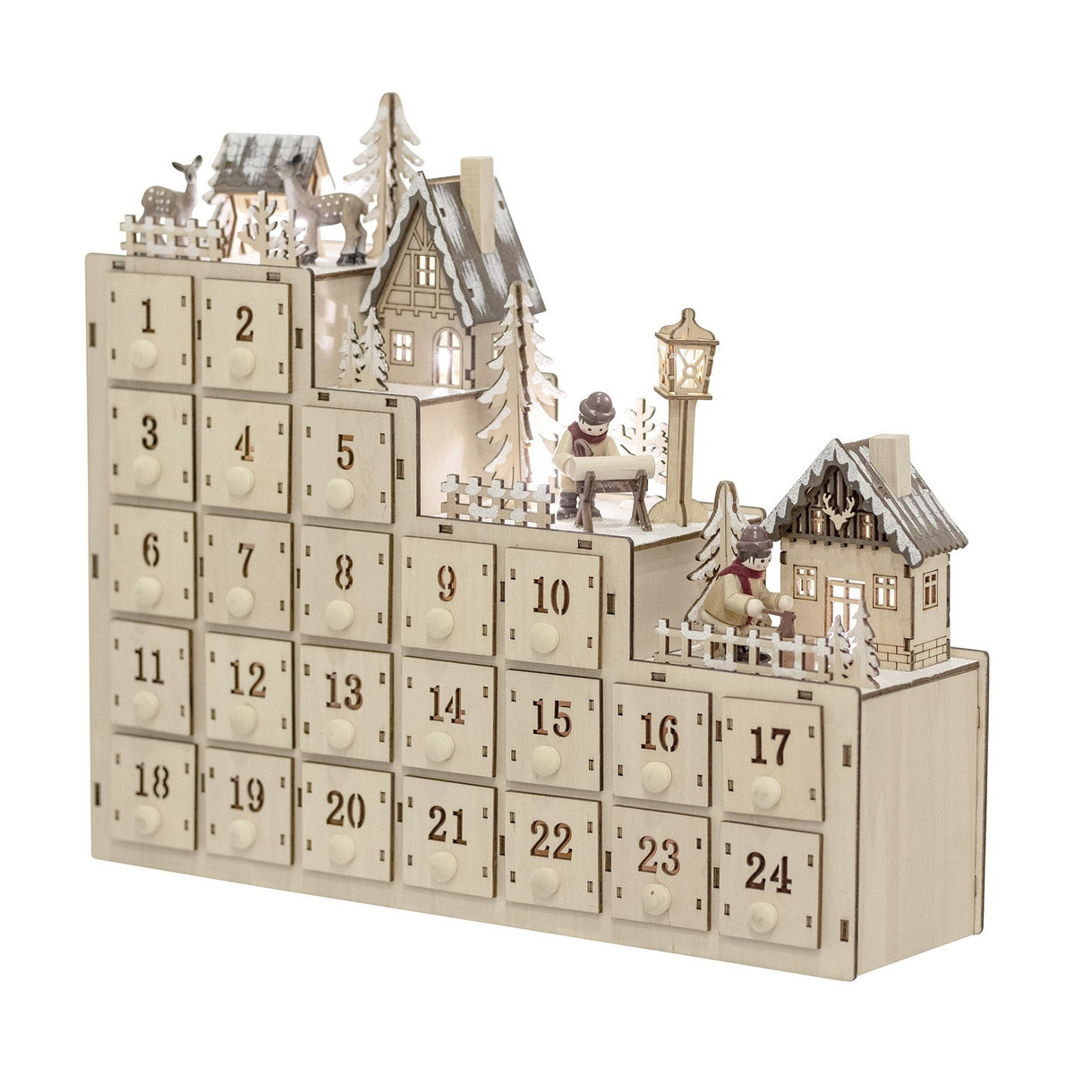 Natural plywood Richie Wooden Advent Calendar with light, 24 numbered knob drawers in stepped tiers beneath a lit village scene with houses, fir trees, and deer, on a white background.