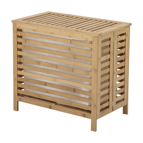 Aden Bamboo Laundry Basket in natural finish, a slatted cabinet-style hamper with hinged slatted lid, visible cotton liner, and slim tapered legs, shown on a white background.