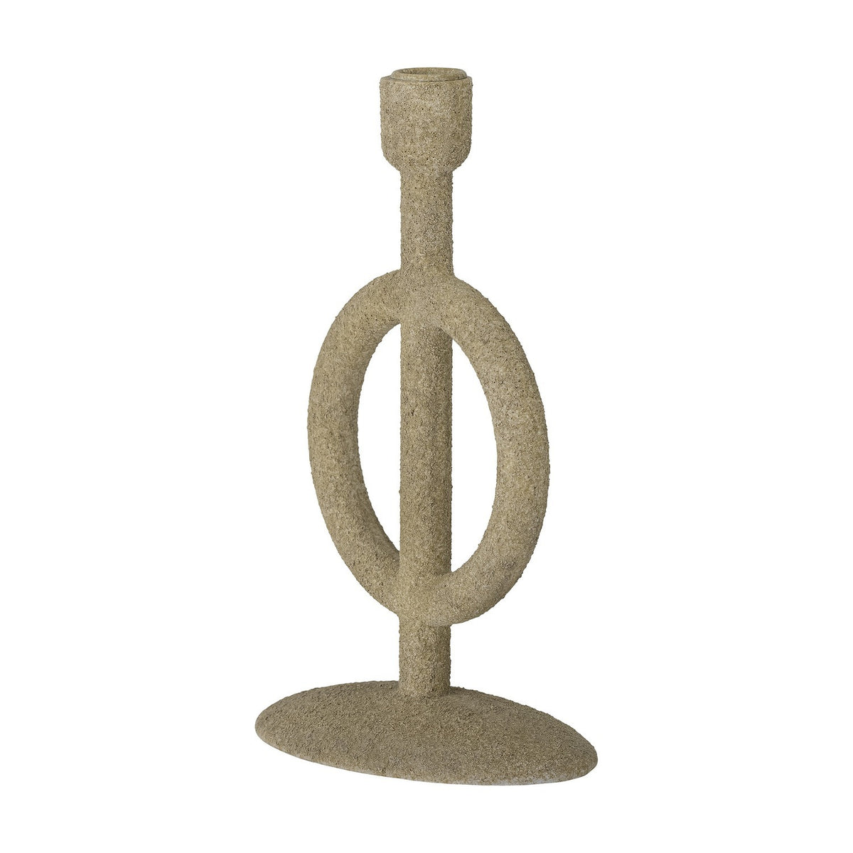 Flikka Resin Candle Holder in beige with a textured, speckled finish, featuring a slim stem through an open oval ring, rising to a single candle cup on an oval base, shown on a plain background.