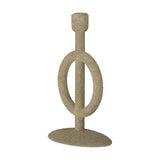 Flikka Resin Candle Holder in beige with a textured, speckled finish, featuring a slim stem through an open oval ring, rising to a single candle cup on an oval base, shown on a plain background.