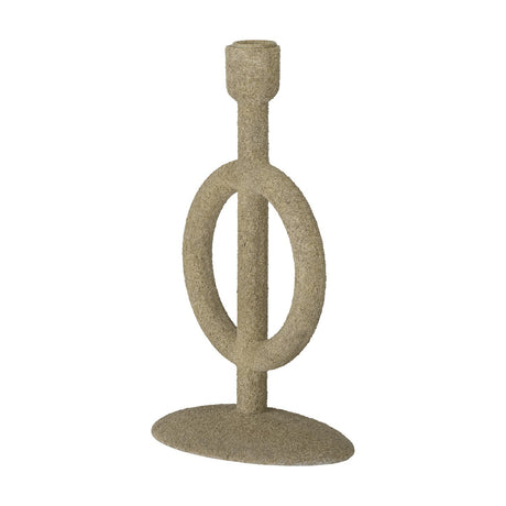 Flikka Resin Candle Holder in beige with a textured, speckled finish, featuring a slim stem through an open oval ring, rising to a single candle cup on an oval base, shown on a plain background.