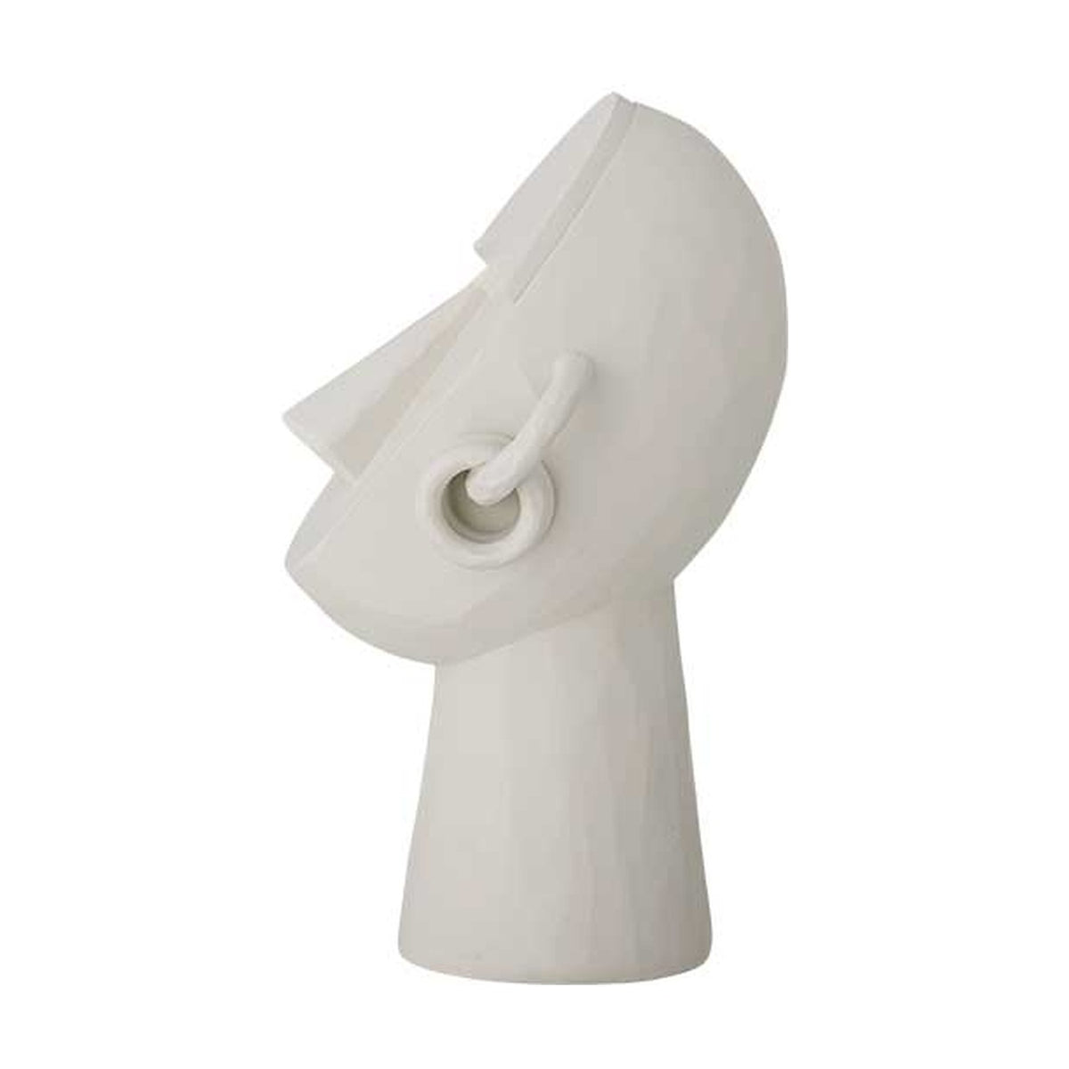 Luelle Resin Ornament in white: a sculpted abstract face with strong brow, wedge nose and coiled hoop earring, set on a tall tapered neck, shown on a plain background.