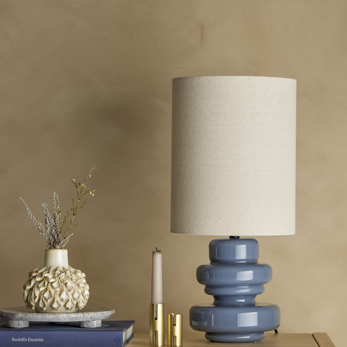 Fabiola Glass Table Lamp with Linen Shade - Blue