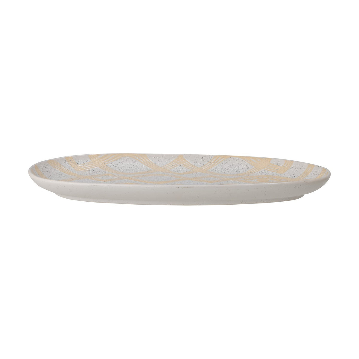 Newa Stoneware Tray in White, an oval ceramic serving tray with speckled glaze and a wavy diamond pattern along the rim, shown side-on against a plain background.