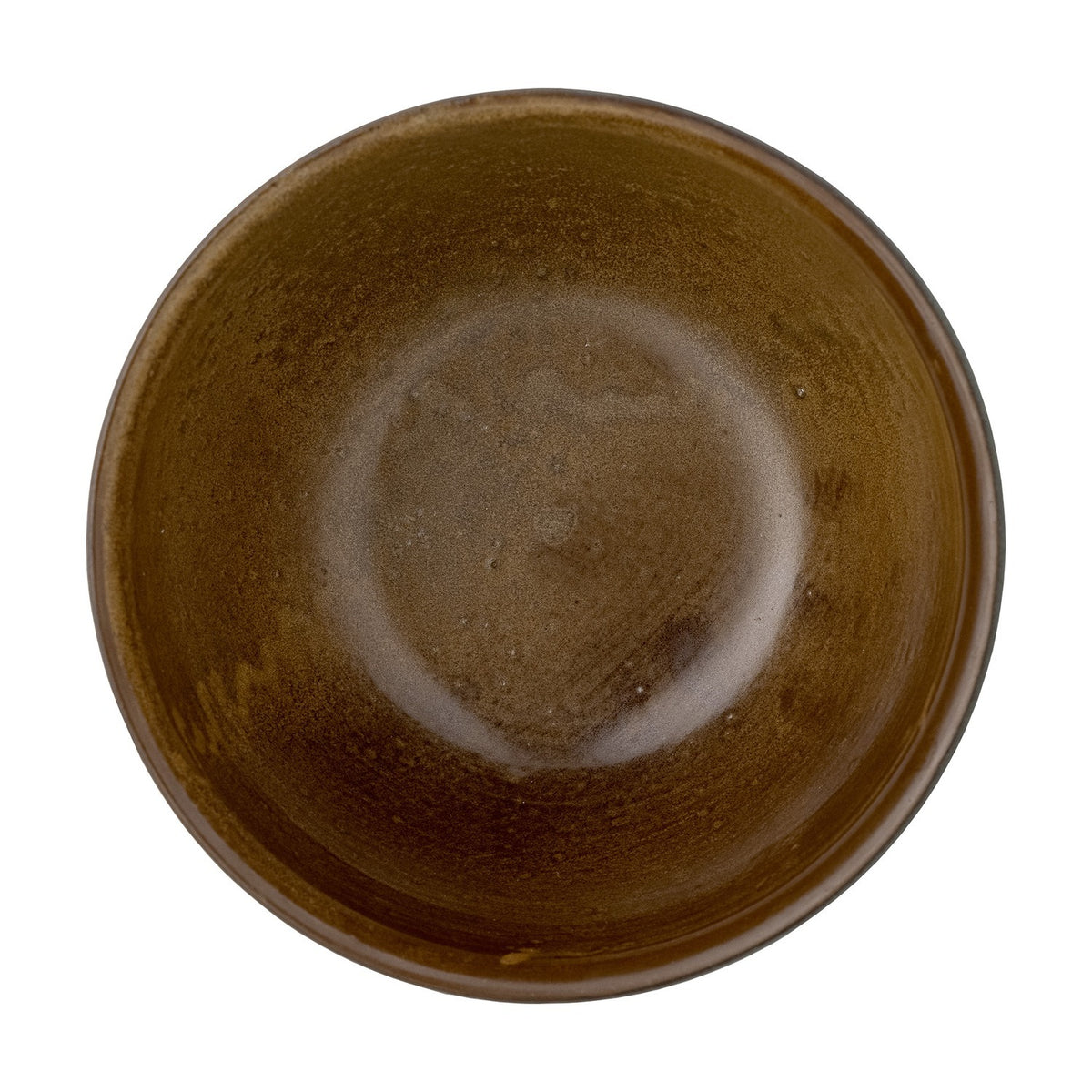 Top-down view of the Senna Stoneware Bowl 14cm in Brown, showing a mottled glaze finish with a lighter ring pooling at the base, on a plain white background.